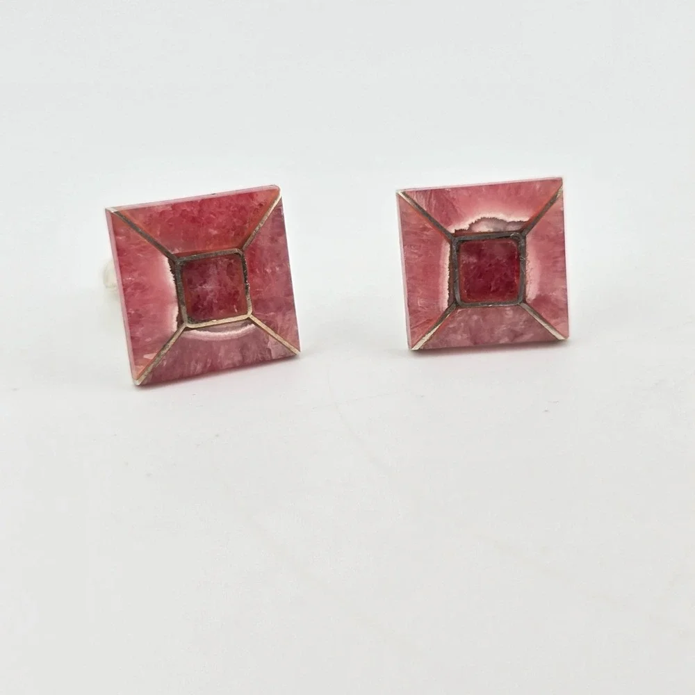 950 Fine Silver MCM (Rhodochrosite?) Stone Inlay Cufflinks